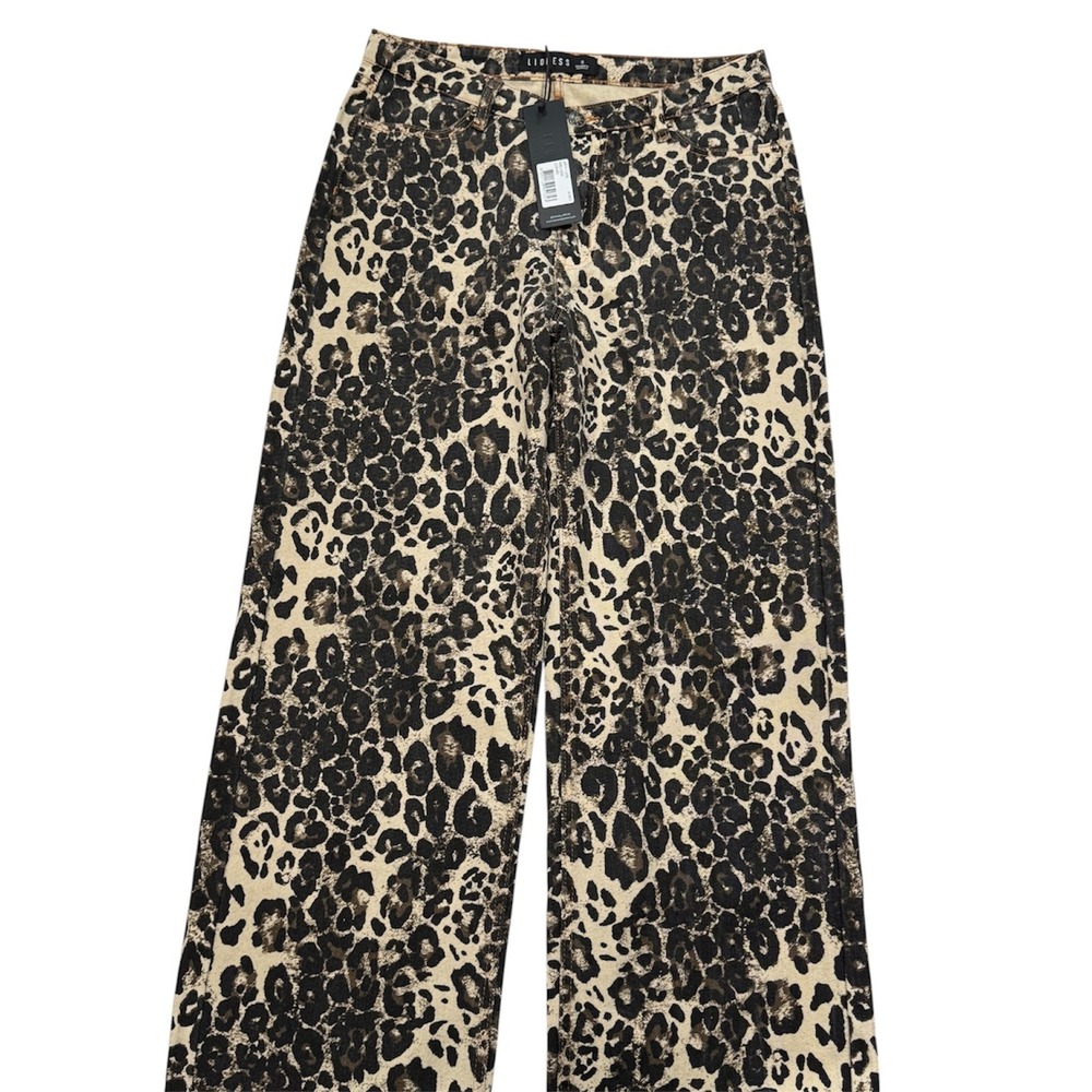 NWT Lioness Rebels Jean Leopard Print Wide Leg High Rise Jeans Tan Black Small